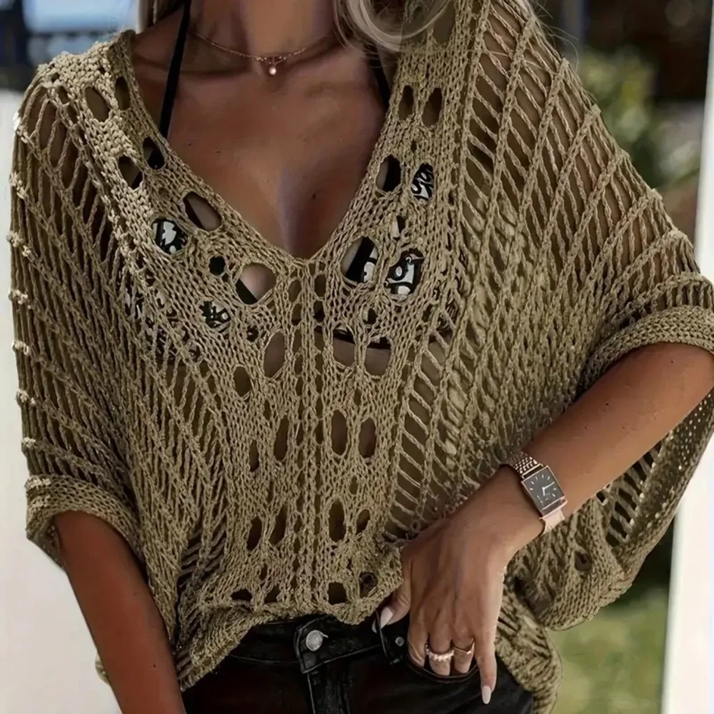 99. Solid Color Hollow Out V-neck Top, Versatile Batwing Sleeve Loose Knitted - Picture 2 of 3